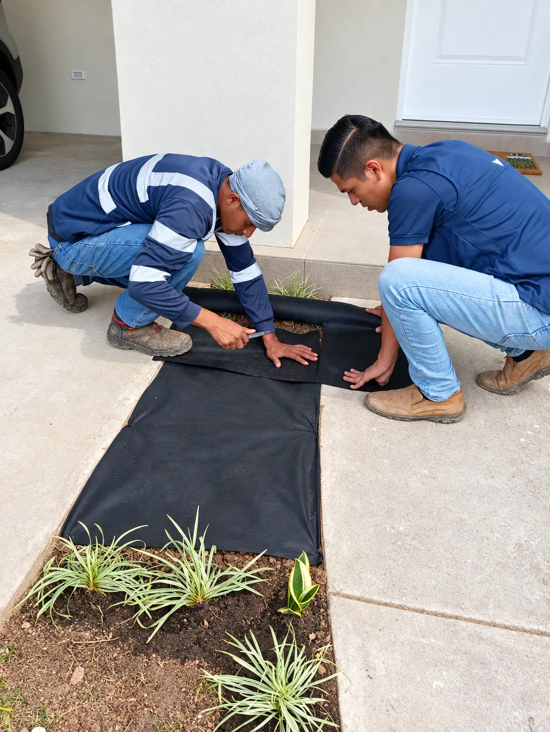 Versalles, Panamá Este — Preparación de área paisajística con instalación de malla antihierba.
